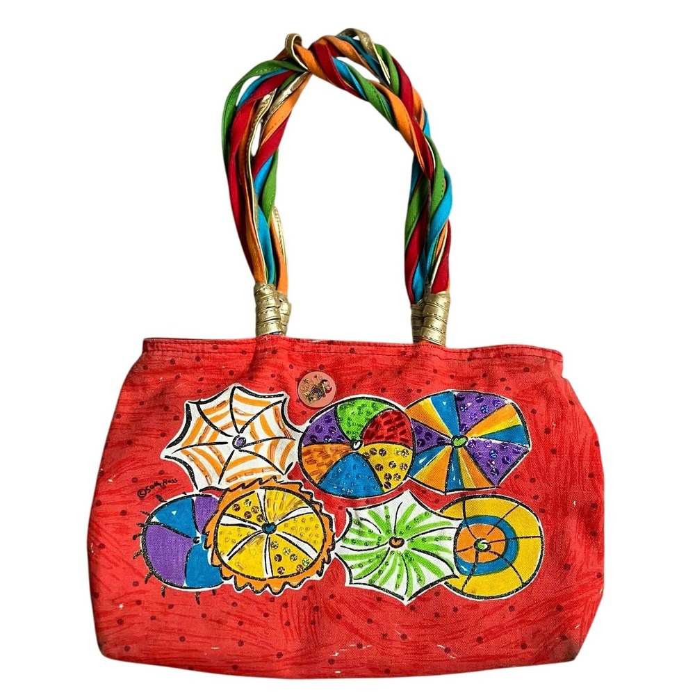 Sally Huss Red Canvas Beach Bag Beach Umbrella Art Beaded Sequin Rainbow Straps